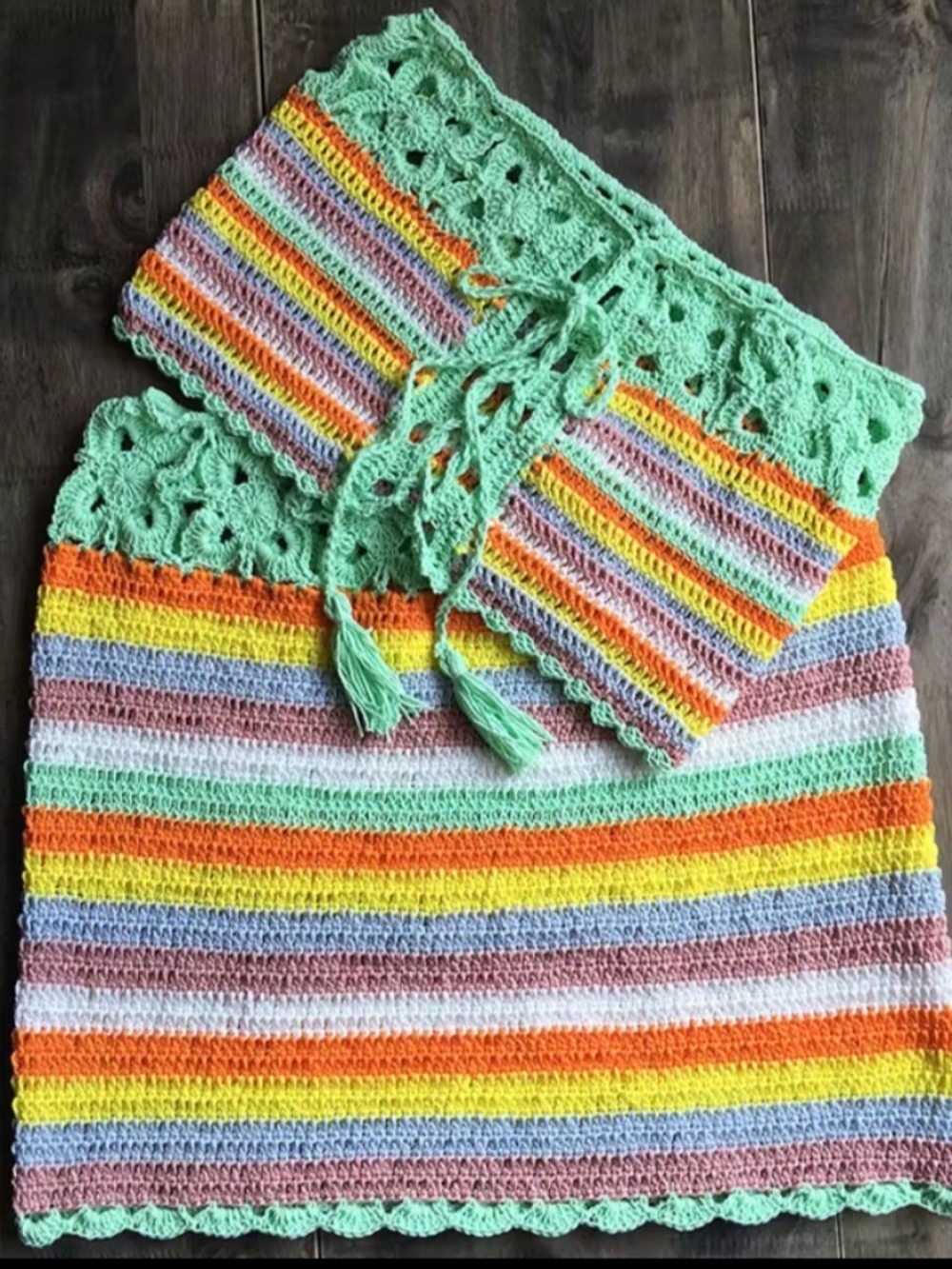 Handmade Mint & Rainbow Crochet Skirt & Top Set